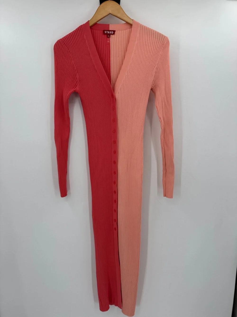 STAUD Two-Tone Ribbed Button-Front Long Sleeve Coral Pink Medium MIDI Dress - Picture 2 of 5